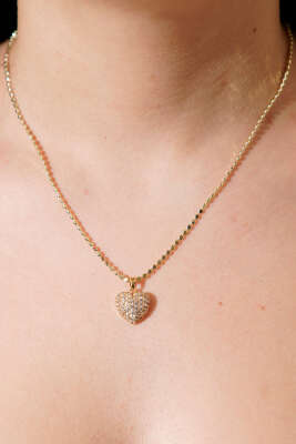 Tam Tur Zirkon Taşlı Bombeli Kalp Kolye Gold - DEMİR BİJUTERİ