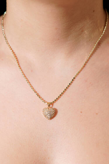 Tam Tur Zirkon Taşlı Bombeli Kalp Kolye Gold - Kolye