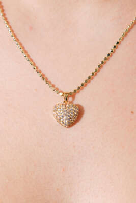 Tam Tur Zirkon Taşlı Bombeli Kalp Kolye Gold - Kolye