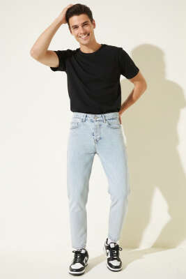 Tapered Fit Erkek Kot Pantolon Mavi Kar - Erkek Pantolon