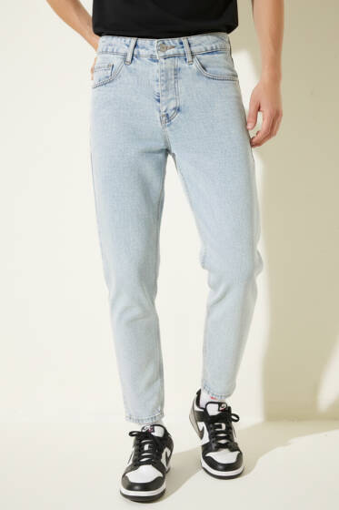 Tapered Fit Erkek Kot Pantolon Mavi Kar - Erkek Pantolon