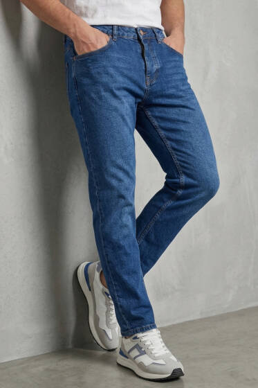 Tapered Fit Kot Erkek Pantolon Orta Mavi - Erkek Pantolon