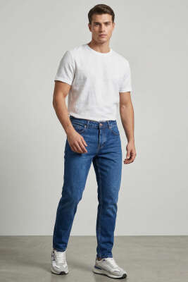 Tapered Fit Kot Erkek Pantolon Orta Mavi - Erkek Pantolon