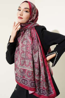 Tarihi Vintage Desen Soft Şal Bordo Bej - Başörtüsü