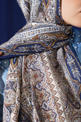Tarihi Vintage Desen Soft Şal Lacivert Yeşil - Başörtüsü