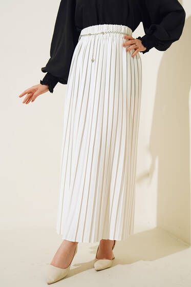 Taş Aksesuarlı Pliseli Etek Beyaz - Uzun Etek