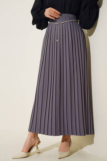 Taş Aksesuarlı Pliseli Etek Gri - Uzun Etek