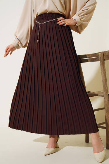 Taş Aksesuarlı Pliseli Etek Kahve - Uzun Etek