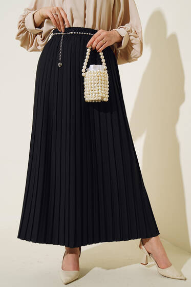 Taş Aksesuarlı Pliseli Etek Siyah - Uzun Etek