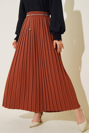 Taş Aksesuarlı Pliseli Etek Taba - Uzun Etek