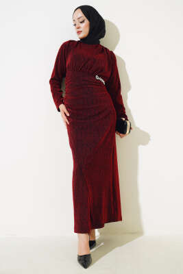Taş Aksesuarlı Simli Elbise Bordo - ARANLI TEKSTİL