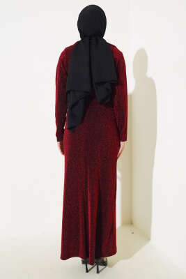 Taş Aksesuarlı Simli Elbise Bordo - Tesettür Elbise