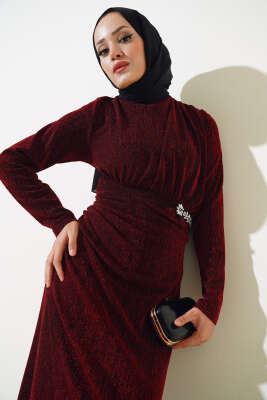 Taş Aksesuarlı Simli Elbise Bordo - Tesettür Elbise