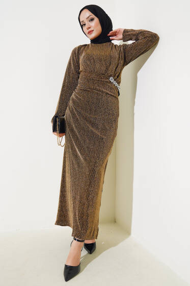 Taş Aksesuarlı Simli Elbise Camel - Elbise