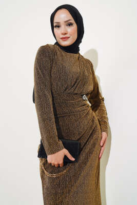 Taş Aksesuarlı Simli Elbise Camel - Tesettür Elbise