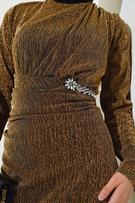 Taş Aksesuarlı Simli Elbise Camel - Tesettür Elbise