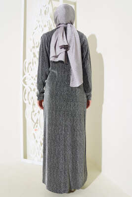 Taş Aksesuarlı Simli Elbise Gri - Tesettür Elbise