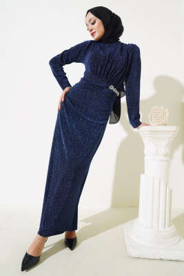 Taş Aksesuarlı Simli Elbise Lacivert - Tesettür Elbise