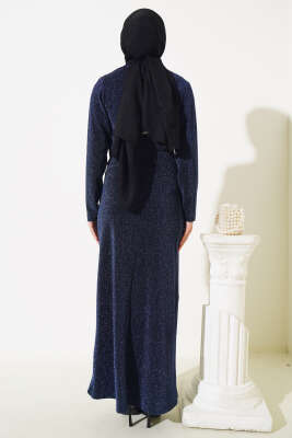 Taş Aksesuarlı Simli Elbise Lacivert - Tesettür Elbise