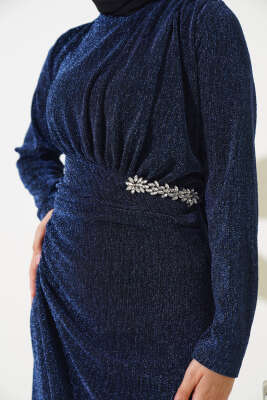 Taş Aksesuarlı Simli Elbise Lacivert - Tesettür Elbise