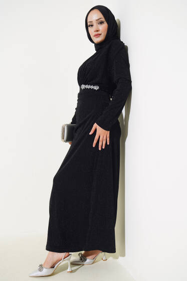 Taş Aksesuarlı Simli Elbise Siyah - Elbise