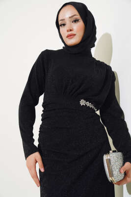 Taş Aksesuarlı Simli Elbise Siyah - Tesettür Elbise