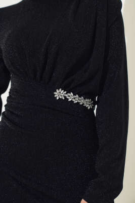 Taş Aksesuarlı Simli Elbise Siyah - Tesettür Elbise