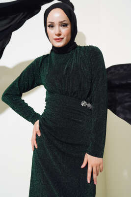 Taş Aksesuarlı Simli Elbise Zümrüt - Tesettür Elbise