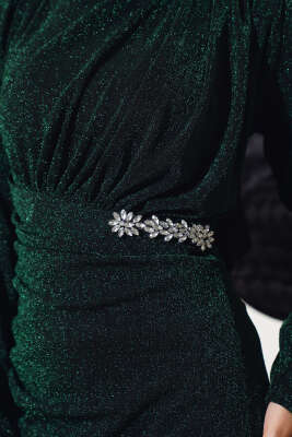 Taş Aksesuarlı Simli Elbise Zümrüt - Tesettür Elbise