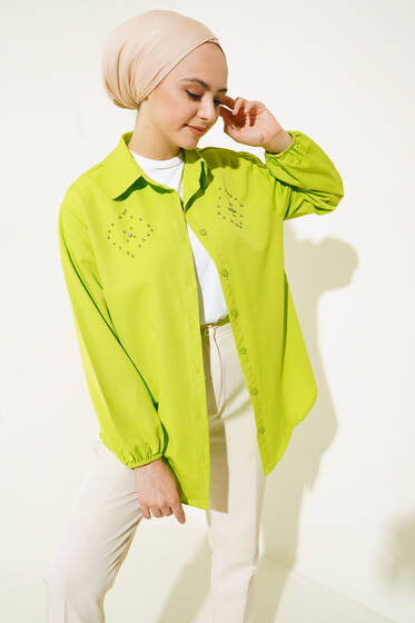 Taş Boncuk Detaylı Gömlek Fıstık Yeşili - Gömlek
