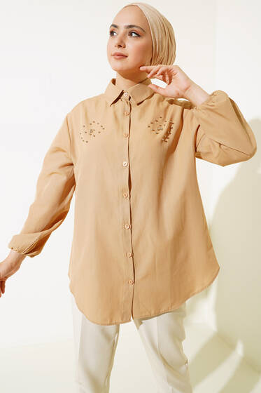 Taş Boncuk Detaylı Gömlek Latte - Gömlek