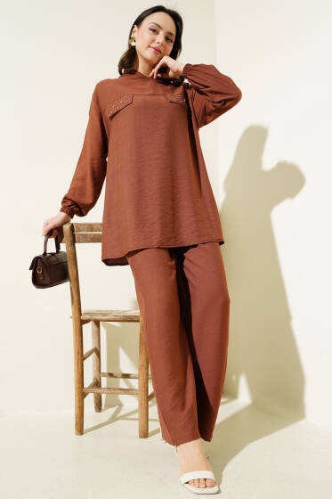 Taş Cep Kapaklı Tunik İkili Takım Kahve - İkili Takım