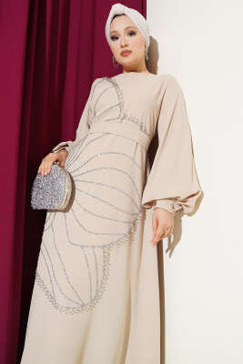 Taş Çiçek Süslümeli Abiye Elbise Bej - Tesettür Elbise