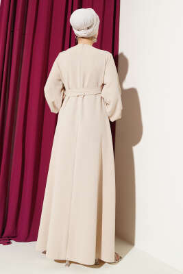 Taş Çiçek Süslümeli Abiye Elbise Bej - Tesettür Elbise