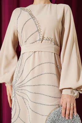 Taş Çiçek Süslümeli Abiye Elbise Bej - Tesettür Elbise