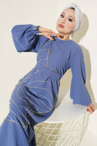 Taş Çiçek Süslümeli Abiye Elbise İndigo - Elbise