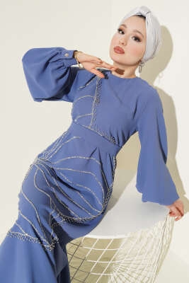 Taş Çiçek Süslümeli Abiye Elbise İndigo 