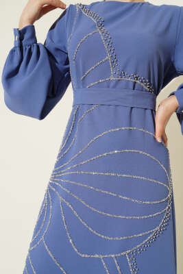 Taş Çiçek Süslümeli Abiye Elbise İndigo - Tesettür Elbise