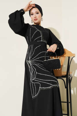 Taş Çiçek Süslümeli Abiye Elbise Siyah 