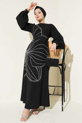 Taş Çiçek Süslümeli Abiye Elbise Siyah - Tesettür Elbise