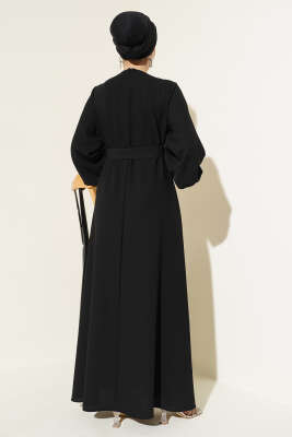 Taş Çiçek Süslümeli Abiye Elbise Siyah - Tesettür Elbise