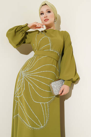 Taş Çiçek Süslümeli Abiye Elbise Yağ Yeşili - Elbise