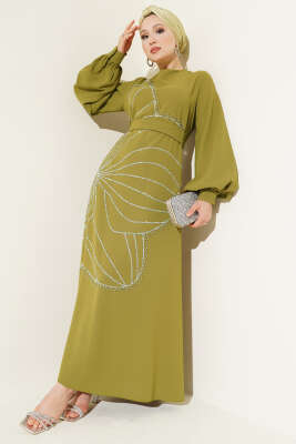 Taş Çiçek Süslümeli Abiye Elbise Yağ Yeşili - Tesettür Elbise