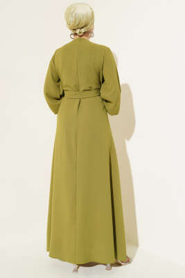 Taş Çiçek Süslümeli Abiye Elbise Yağ Yeşili - Tesettür Elbise