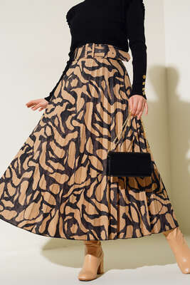 Taş Desenli Kemerli Piliseli Etek Camel - Uzun Etek