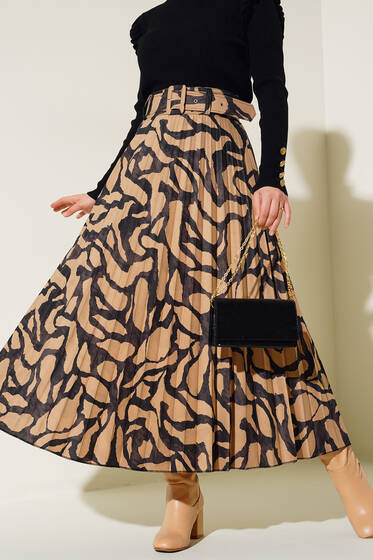 Taş Desenli Kemerli Piliseli Etek Camel - Uzun Etek