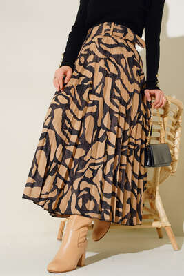 Taş Desenli Kemerli Piliseli Etek Camel - Uzun Etek