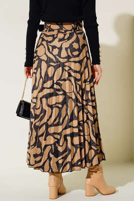 Taş Desenli Kemerli Piliseli Etek Camel - Uzun Etek