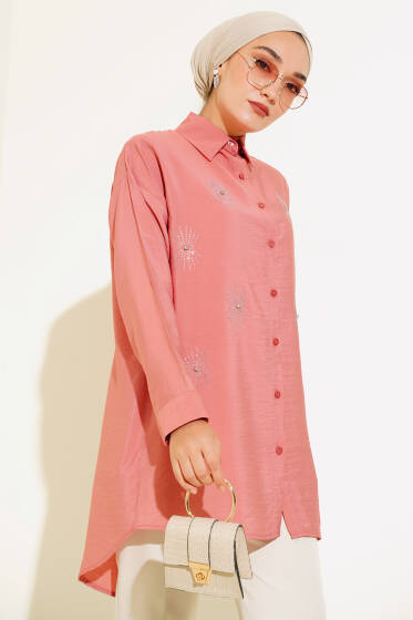 Taş Detaylı Ağaç Kabuğu Gömlek Gül Kurusu - Gömlek