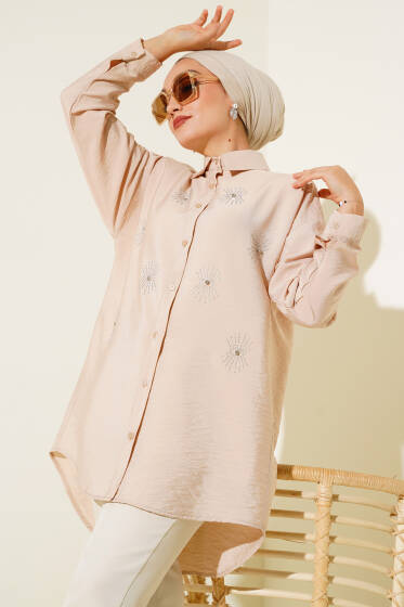 Taş Detaylı Ağaç Kabuğu Gömlek Latte - Gömlek